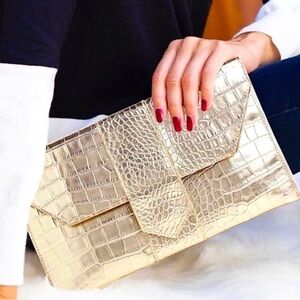 JJ Winters Metallic Gold Croc-Embossed Envelope Clutch